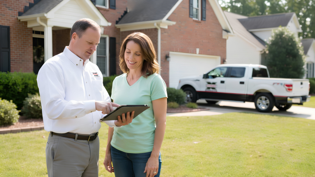 Norcross GA Pest Control Services technician showing homeowner inspection results on tablet in front of suburban home