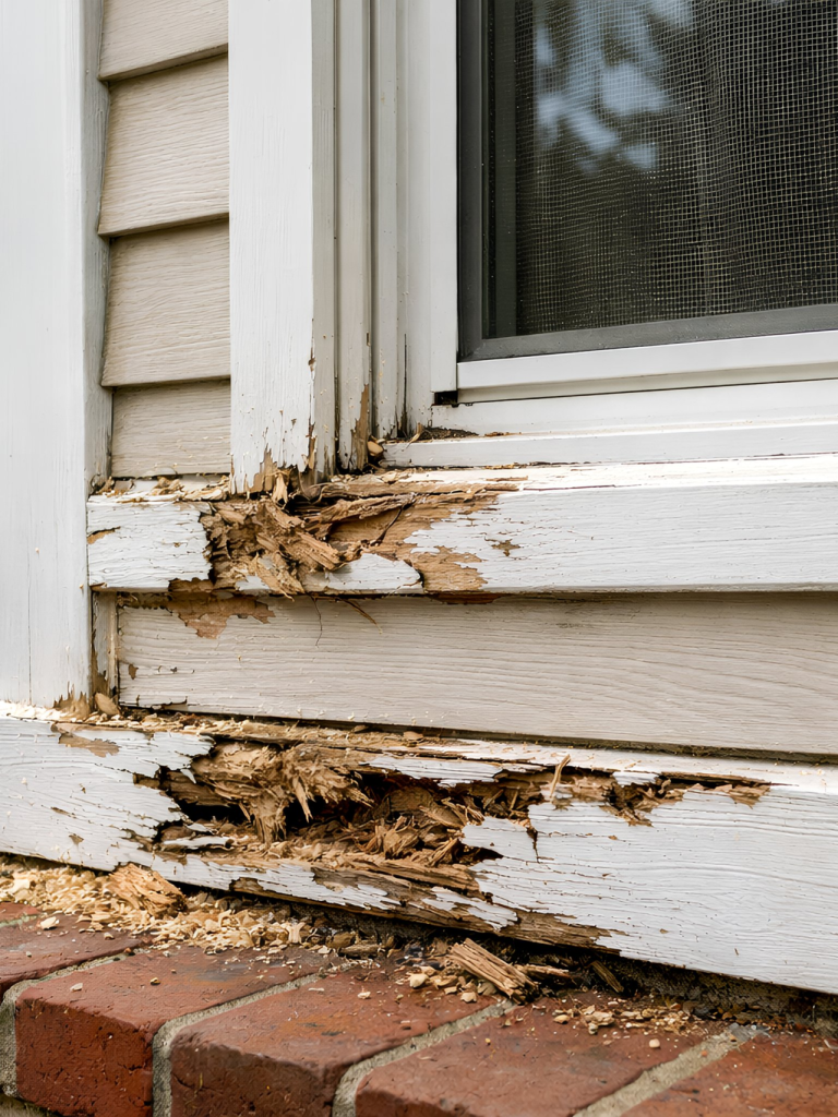 Termite Control Athens GA severe wood damage on home exterior window frame and siding