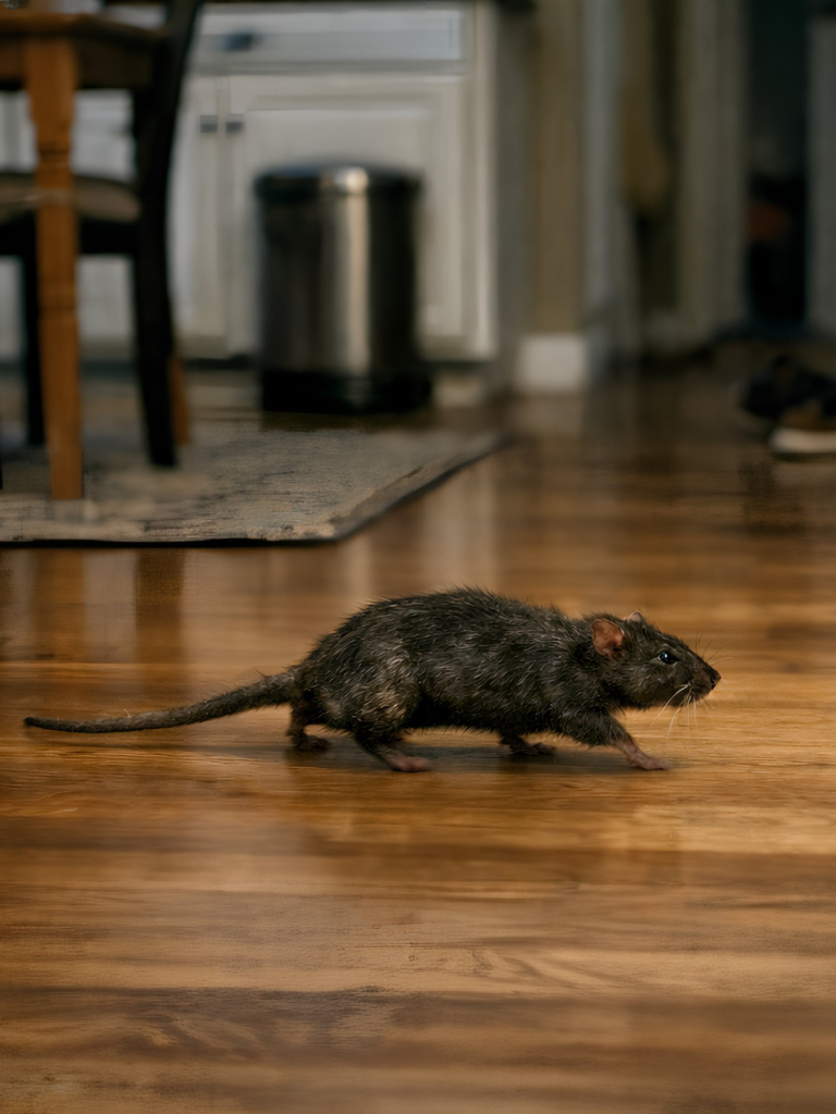 Wildlife Control Services in Monroe GA for rat spotted running across hardwood kitchen floor